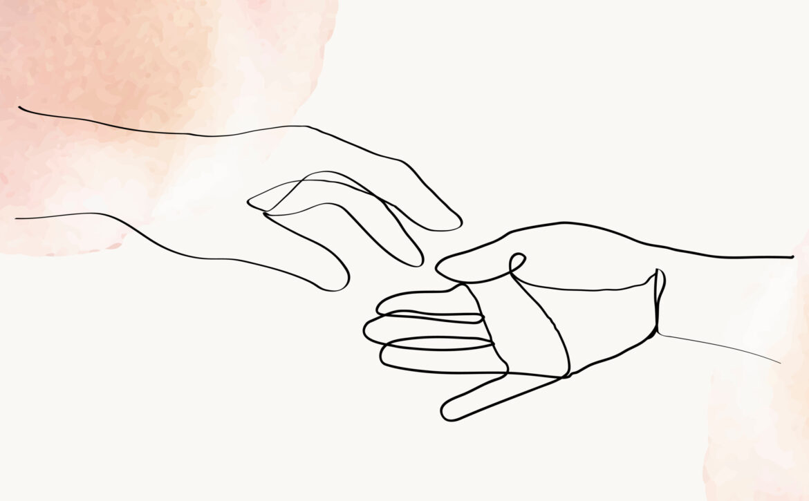 Feminine hands line art vector minimal illustration on orange pa